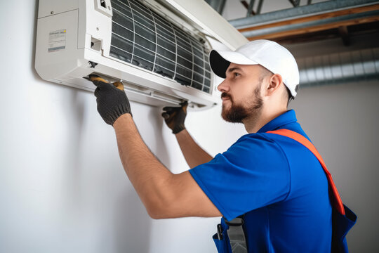 Air conditioning technician servicing a wall-mounted AC unit in San Tan Valley, AZ