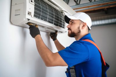 360_F_621046421_Vcay4nYa8ozdeodOQVDfES6MRrC6N3b8 Air conditioning technician servicing a wall-mounted AC unit in San Tan Valley, AZ