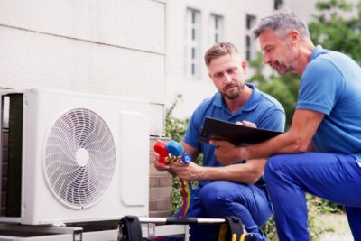 ac-installation-in-claremont-ca HVAC technicians reviewing an outdoor air conditioning unit in San Tan Valley, AZ